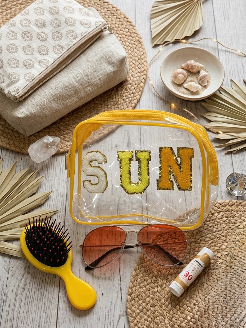 4 Piece 'SUN' Cosmetic Bag with brush, sunglasses and spf lip balm